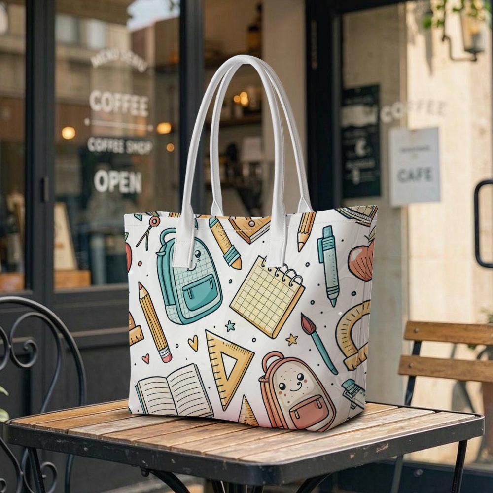 Cute School Stationery Pattern Tote Bag for Daily Shopping Travel Handbag