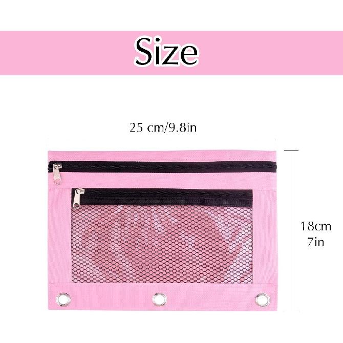 FEPITO 3Pack 3 Ring Binder Pencil Pouches Zipper Pouch Double Pocket Pencil Bag Mesh Window Pencil Case for Stationery