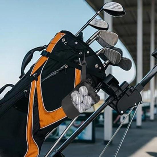 Golf Ball Case Pouch Holds 20 Balls 16.5cm 14cm Mesh Drawstring Carabiner Black Storage Bag.