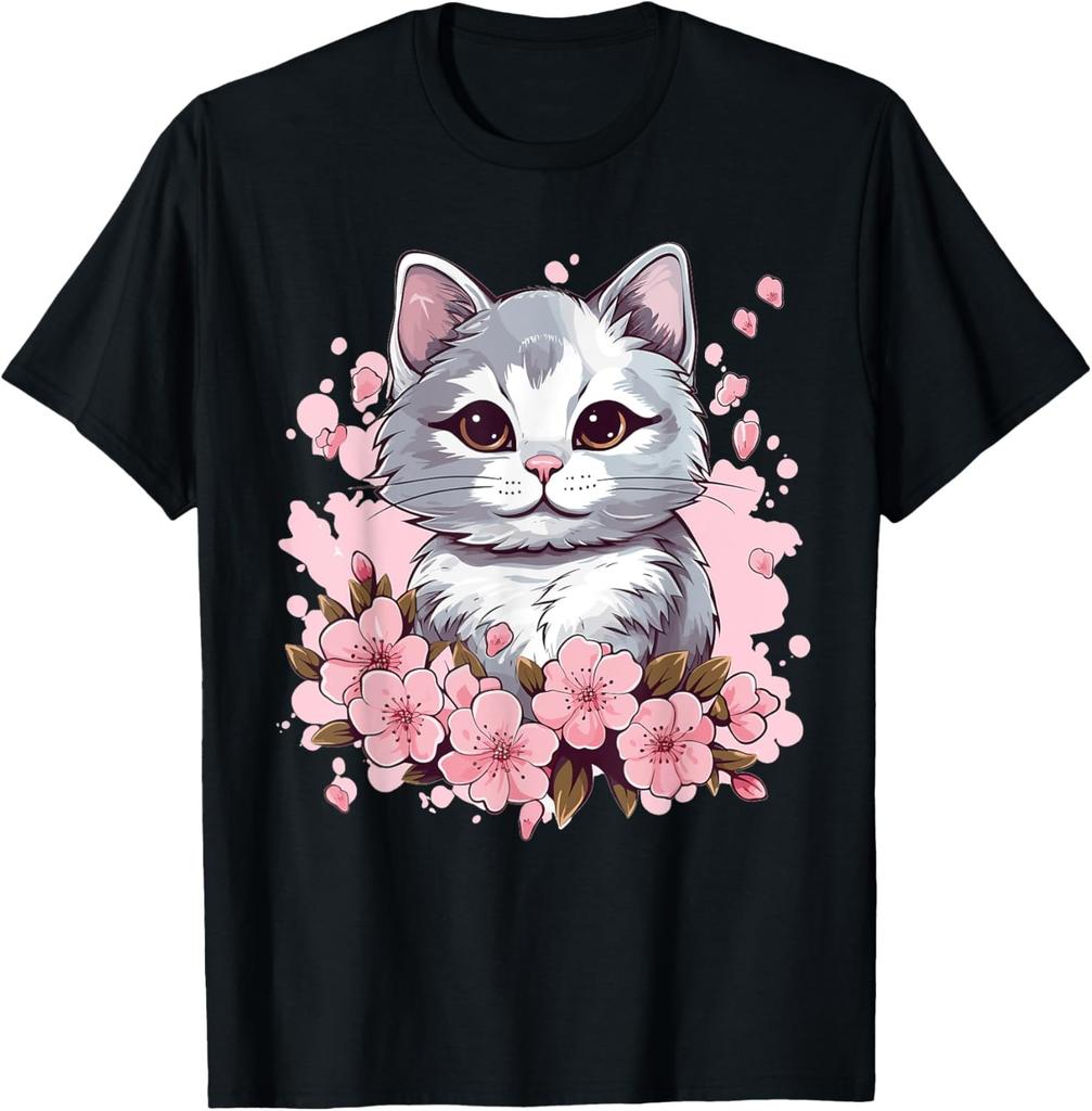 Cute Cat With Cherry Blossoms I Kids Cat T-Shirt
