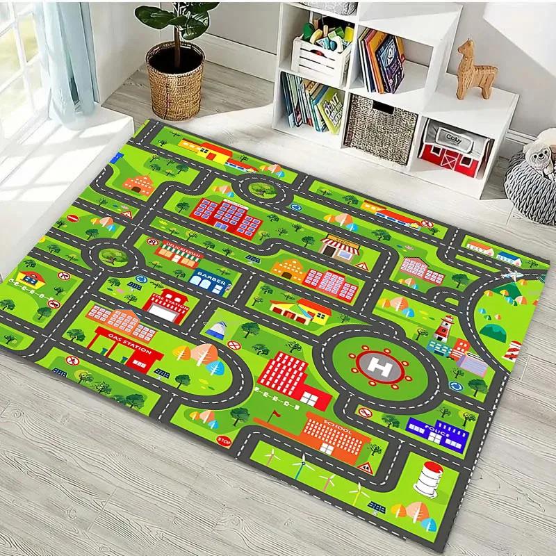 3D-Druck Kinderspielmatte Stadtverkehrskarte Großer Flächenteppich Teppich für Wohnzimmer Schlafzimmer Kinder Spielen Rutschfeste Bodendekormatte Geschenk