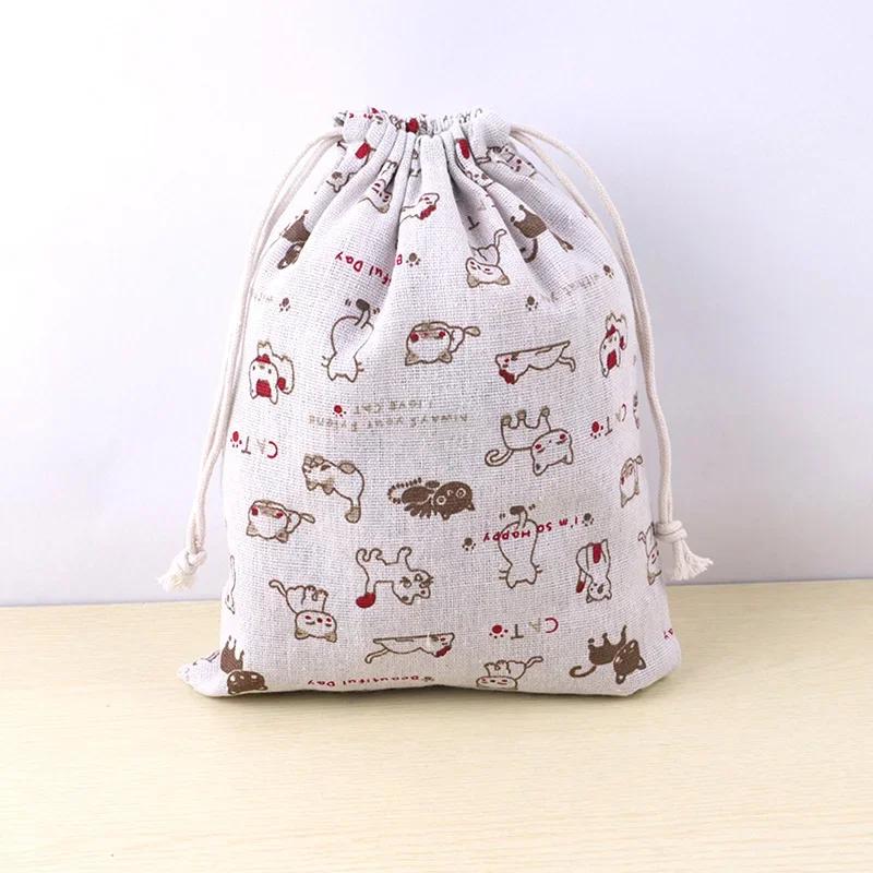 Cotton Linen Fabric Pouch Drawstring Bag Cute Animal Plant Print Kids Travel Cloth Shoes Storage Bag Makeup Case Xmas Gift Bag