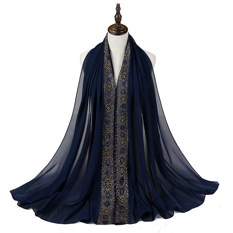 

180*70 см мусульманских женщин бисером кружевной шифоновый хиджаб шарф темно-синий
