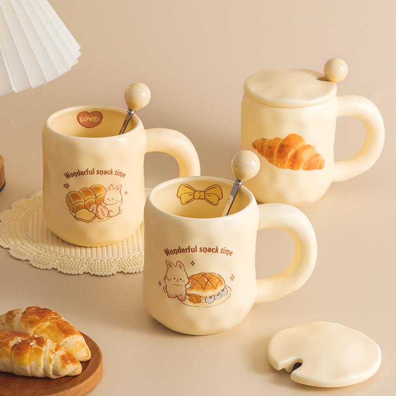 Cute Milk Fufu Cup Bread With Lid Spoon Wind Girls Ceramic Coffee Breakfast Cup Office