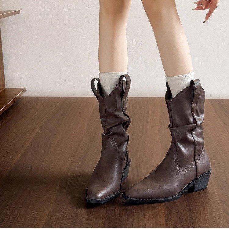 Blue Cabinet Edition~ Skinny Pointed Heel Short Boots Women's 2025 Autumn and Winter New Stacking Boots Western Cowboy Boots Martin Boots