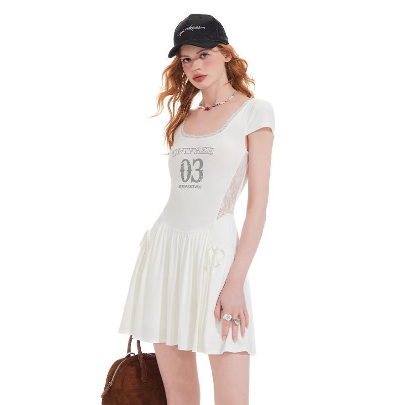 

UNIFREE American Style Square Neck Lace Trim Short Dress XL