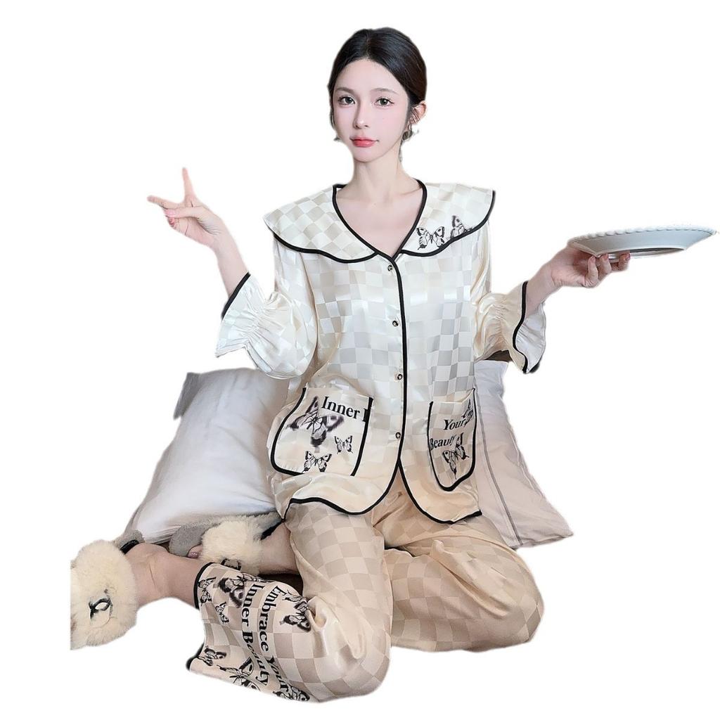 Ice silk jacquard autumn new pajamas women's high-end bow long-sleeved court style girl home clothes Xiaoxiangfeng