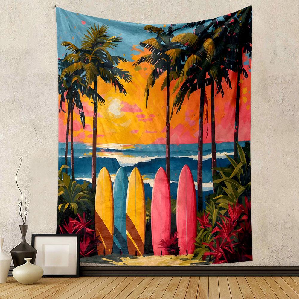 Surfboards and Sunset Tropical Scene Patterned Tapestry Decorative Wall Hanging, Home Bedroom Living Room Decor
