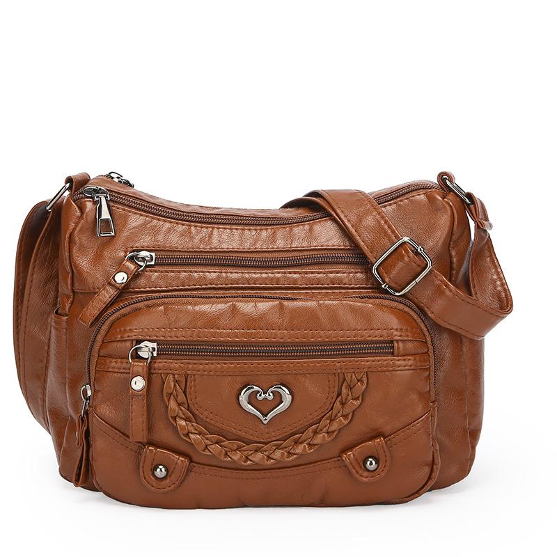 Vintage Crossbody Bag in Brown with Heart Accent - Adjustable Strap Multiple Zipper Pockets Small Crossbody Bag