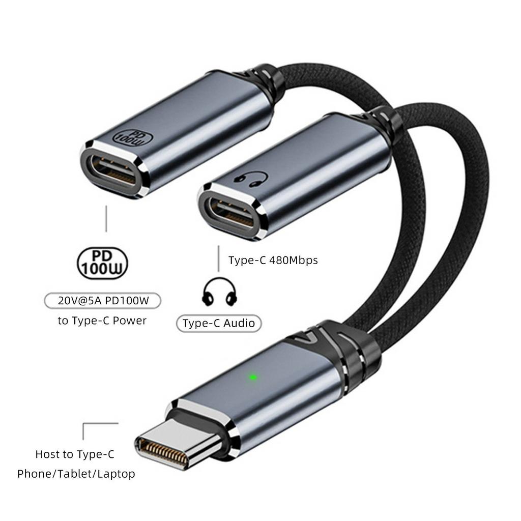 UC-030-TC001 USB-C Male to Dual Female Audio DAC AUX/100W PD Power Cable for Laptop/Tablet/Phone