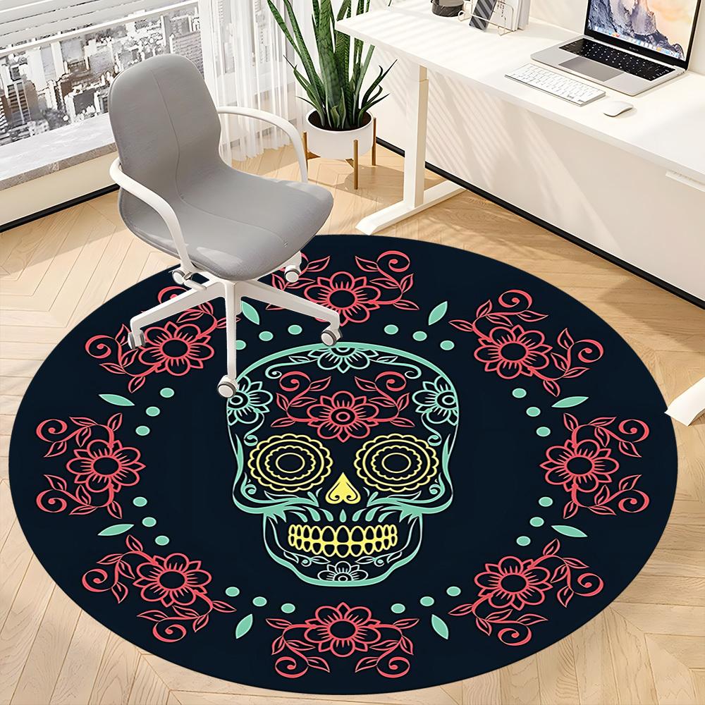 1pc Sugar Skull Art Chair Carpet for Office, Indoor Non Slip Washable Polyester Fiber Carpet,