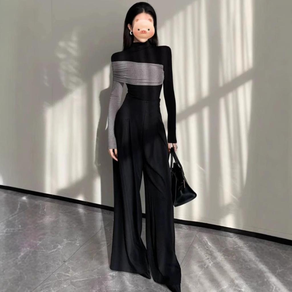 Damski jesienno-zimowy T-shirt z długim rękawem, dopasowany, z półwysokim dekoltem, w blokach kolorystycznych