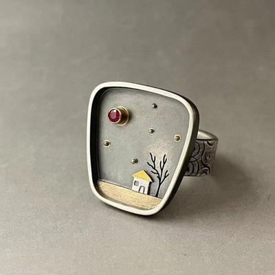 Vintage House Tree Sky Inlay Stone Prsteny na prst pro ženy Jednoduchý personalizovaný prsten s výklenkovým designem Dámské párty šperky