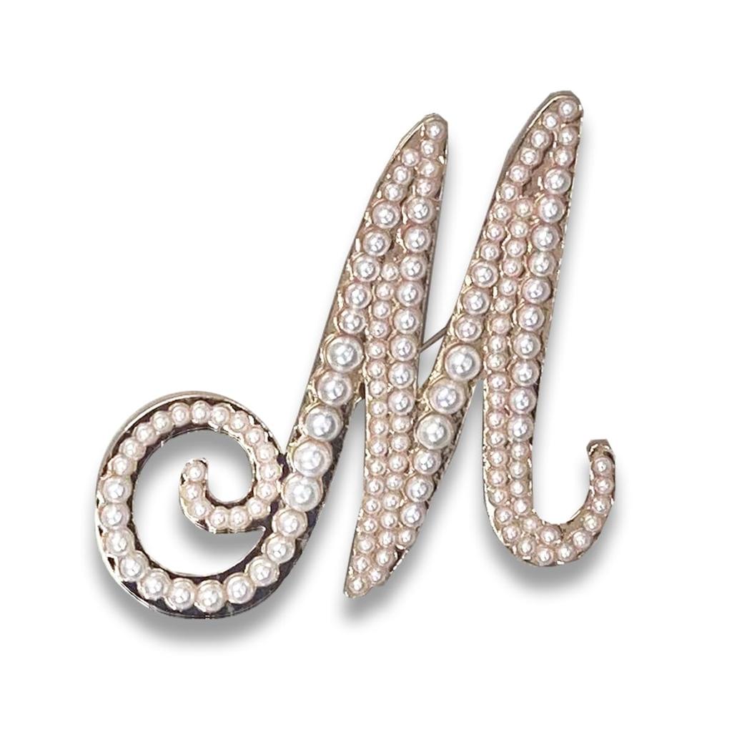 Pearl Brooch Initial Alphabet Pin Badge for Women [Gisele] (Initial M)