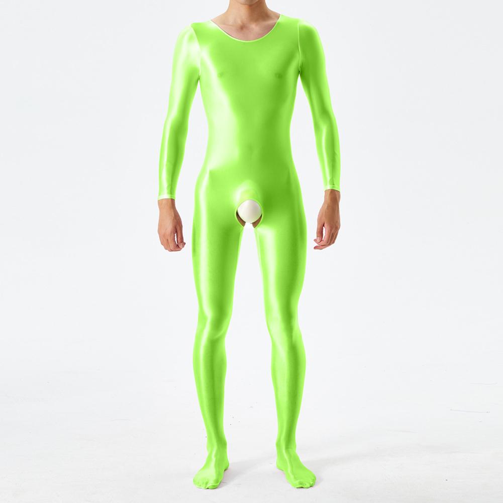 Men Bodystocking Glossy Sheer Open Crotch Long Sleeve Body Jumpsuits Crotchless Transparent Bodysuit Underwear Night Club Wear