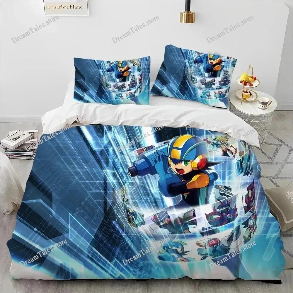 Set Biancheria da Letto Copripiumino 3D Rockman Megaman Gioco Cartone Animato, Copripiumino Set Letto Coperta Federa, Set Biancheria da Letto Matrimoniale Queen Size Bambino