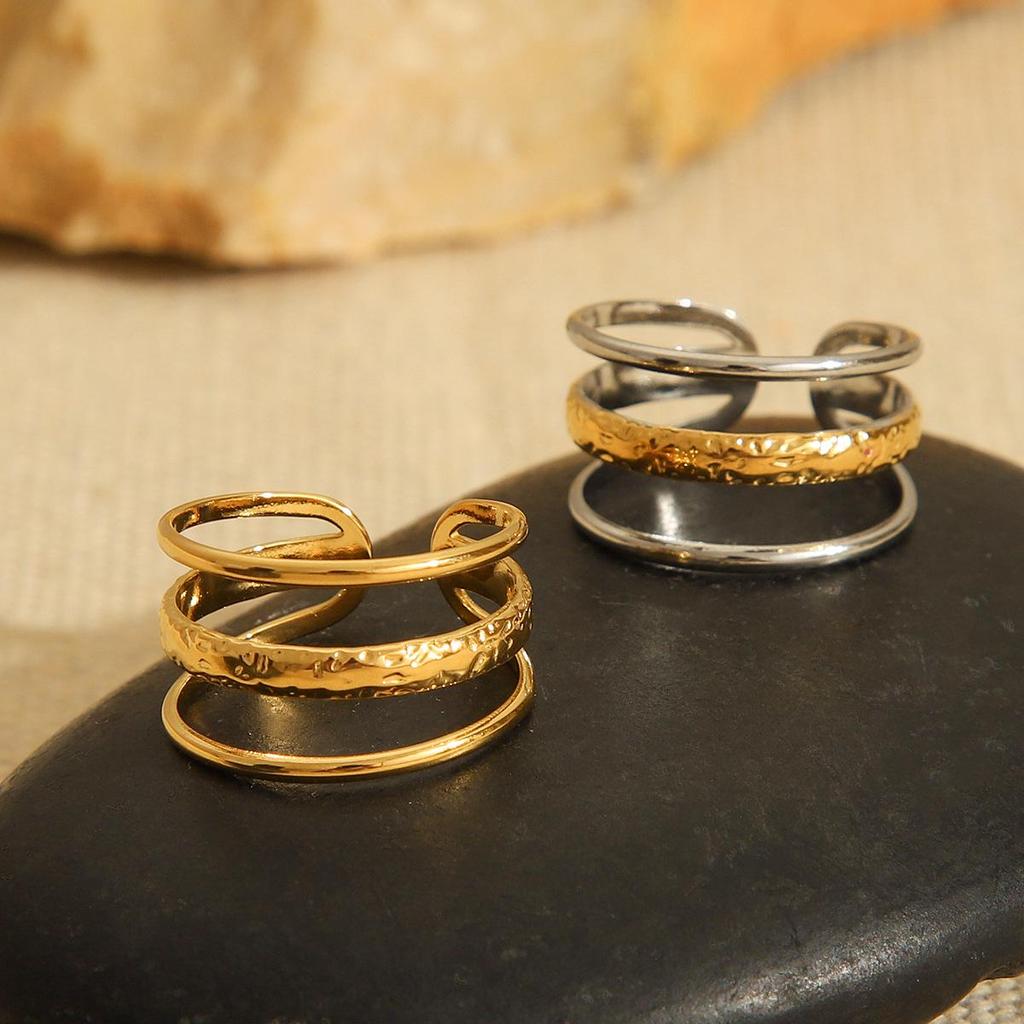 European-American Style Titanium Steel Open Ring - 18K Gold, Non-Fading, Three-Layer Line Design for Women