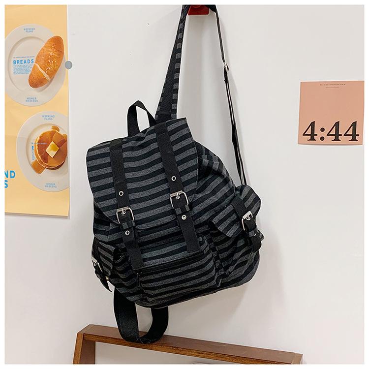 High Quality Korean Style Retro Backpacks Drawstring Design Flat Stripe Bookbags Large Capacity Soft Tote Bags Unisex