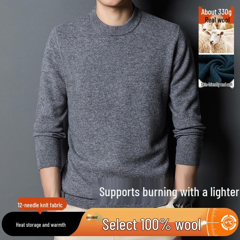 Men's Round Neck Machine Washable 100% Wool Sweater - Warm Knit Base Layer for Autumn/Winter 2025