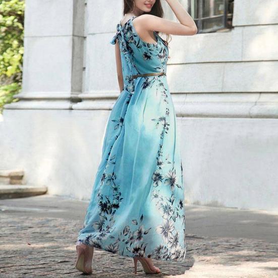 Women's Floral Maxi Dress Sleeveless Halterneck Chiffon Midi Dress Summer Boho Sundress with Belt for Vacation Wedding Cocktail Prom Party