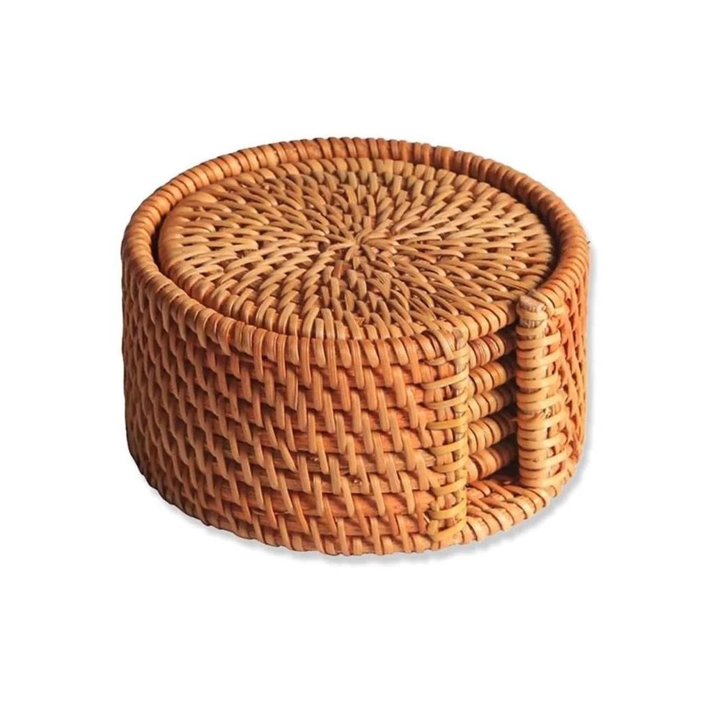 Homlly Basic 100% Natural eco-friendly Hand Made Rattan Coaster Set (6pcs) with Coaster Box