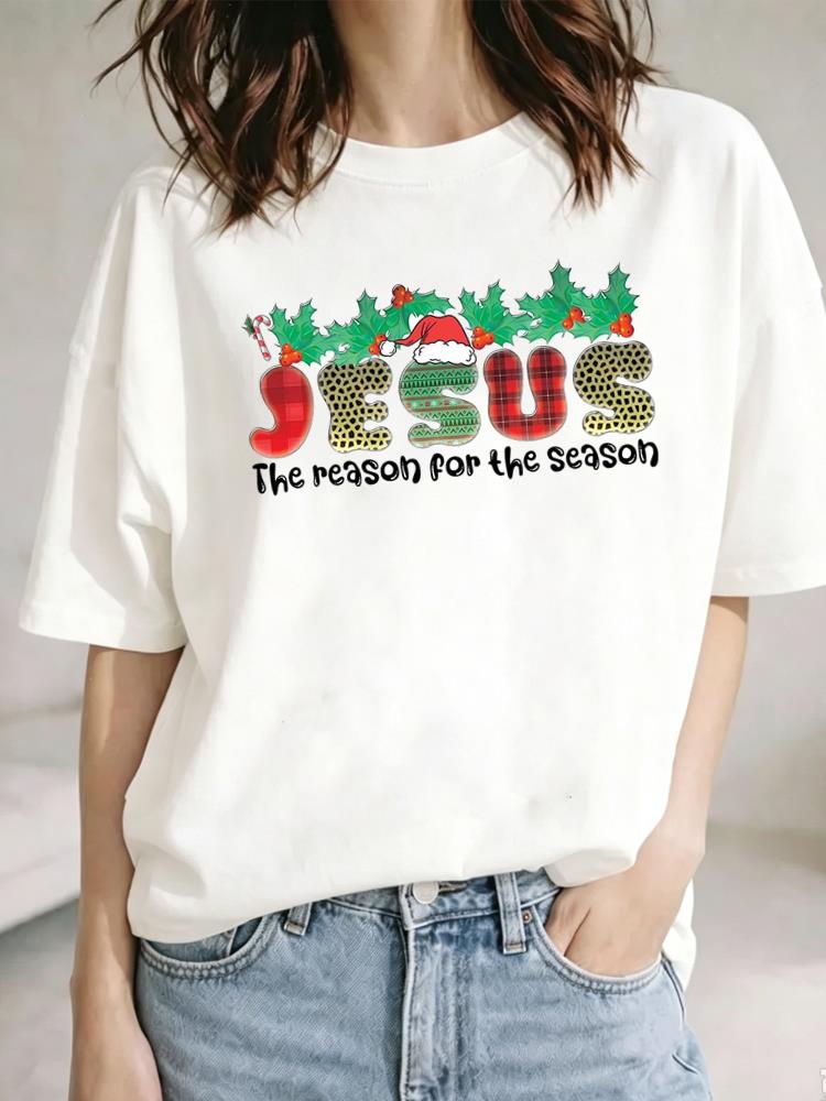 (Asian Size) lovely letter Christmas Festival Tee Top New Year Clothing T Shirt Women Fashion Print Female Woman Short Sleeve Graphic T-shirts