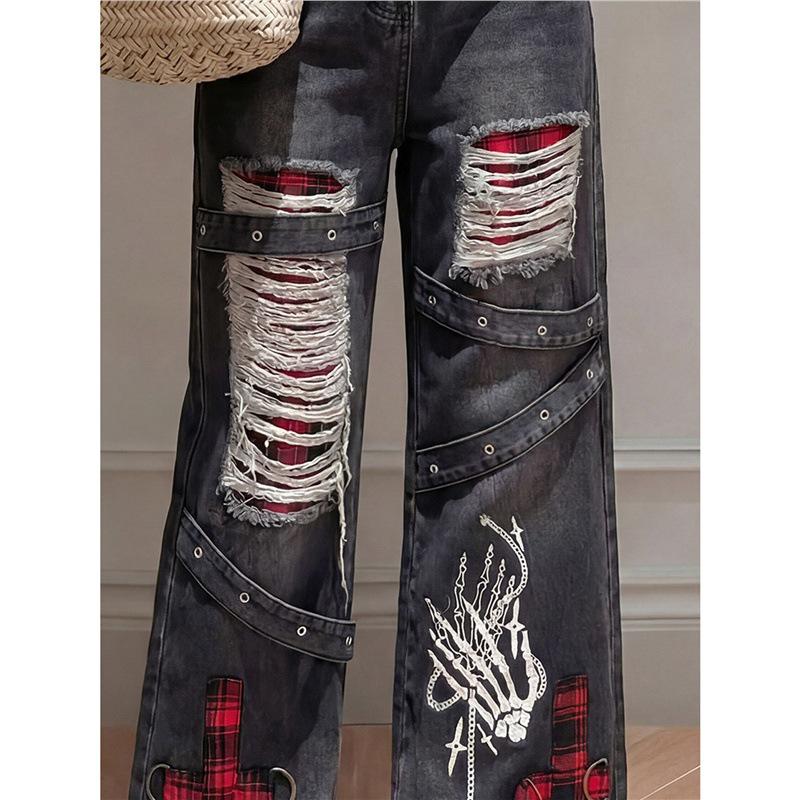 Niche Y2K Distressed Wide-Leg High-Waisted Jeans for Women