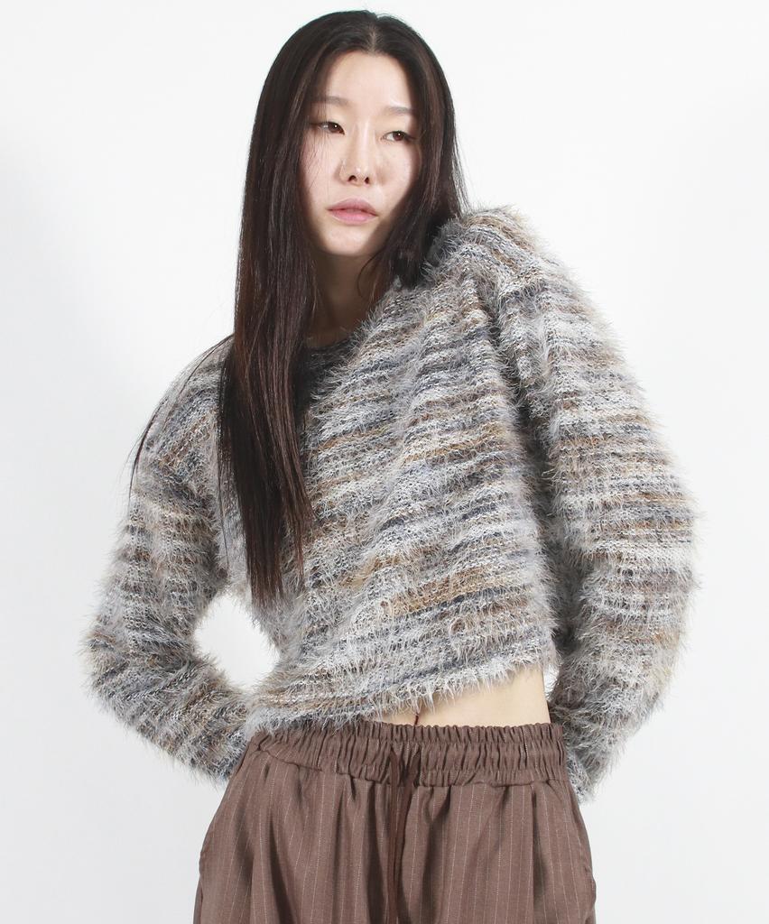 Deumakeu Rainbow Stripe Crop Long Sleeve Knit - Beige