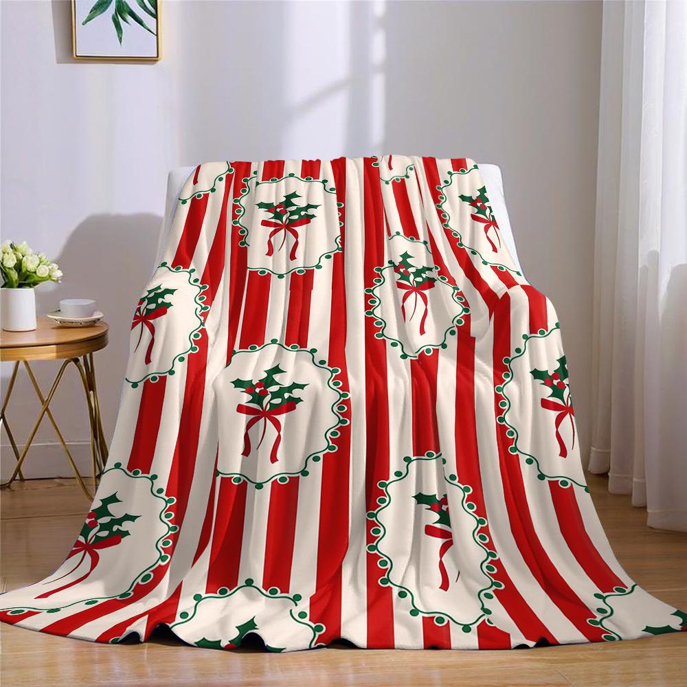 Christmas Holly Red White Stripes Flannel Blanket Warm Soft Halloween Christmas Couch Warm Cozy Decorative Decor for All Season