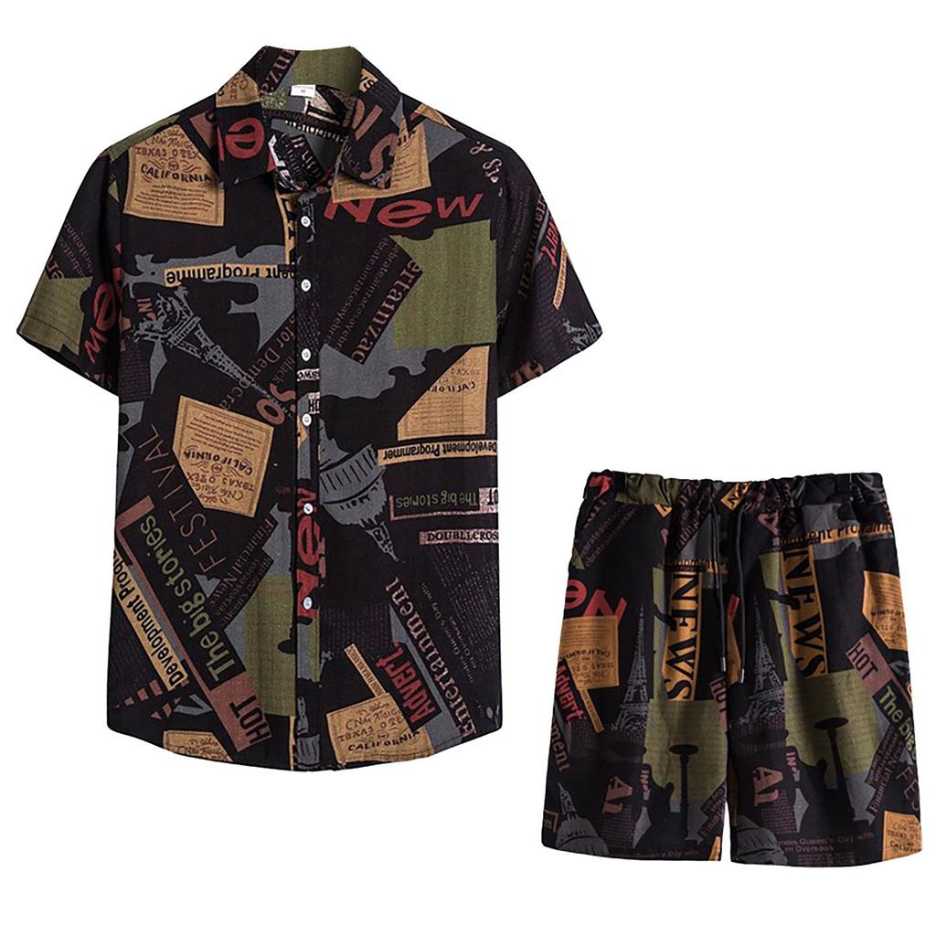 Men’s Summer 2-Piece Beach Printed Short Sleeve Shirts & Shorts Pants Sets