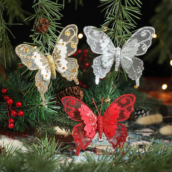 3 Pcs Glitter Sequins Butterfly Ornament Artificial Butterfly Christmas Decoration with Clips for Christmas Tree Wreath Holiday Decoration