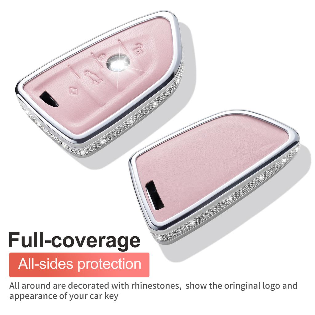 For BMW Key Fob Cover with Keychain, Pink Genuine Leather Crystal Key Case Protection Shell Compatible with BMW 2 5 6 7 X1 X2 X3