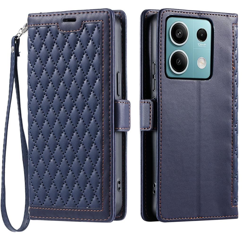 For Xiaomi Redmi Note 13 5G Leather Case Rhombus Texture Wallet Stand Phone Cover with Wrist Strap