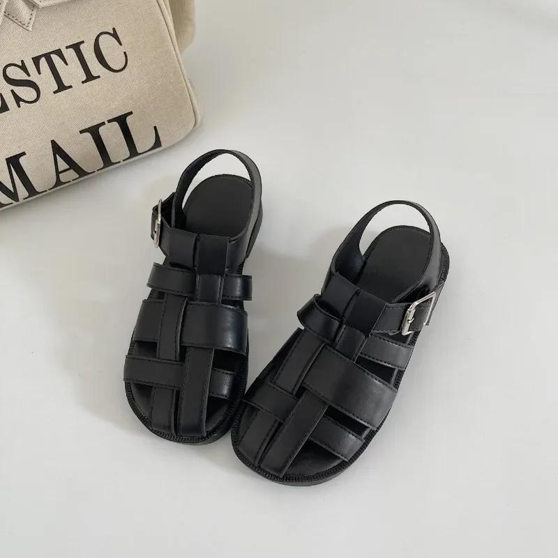 Roman Sandals Female 2024 Summer Retro Flat Bottom Baotou Casual Shoes Hollow Woven Low Heel Sandales Zapatos Para Mujeres