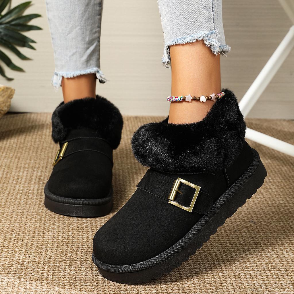 Fashion Casual Metal Buckle Decoration Thick Bottom Snow Boots Fashion Low Heel Boots Women Winter Warm Short Plush Shoes