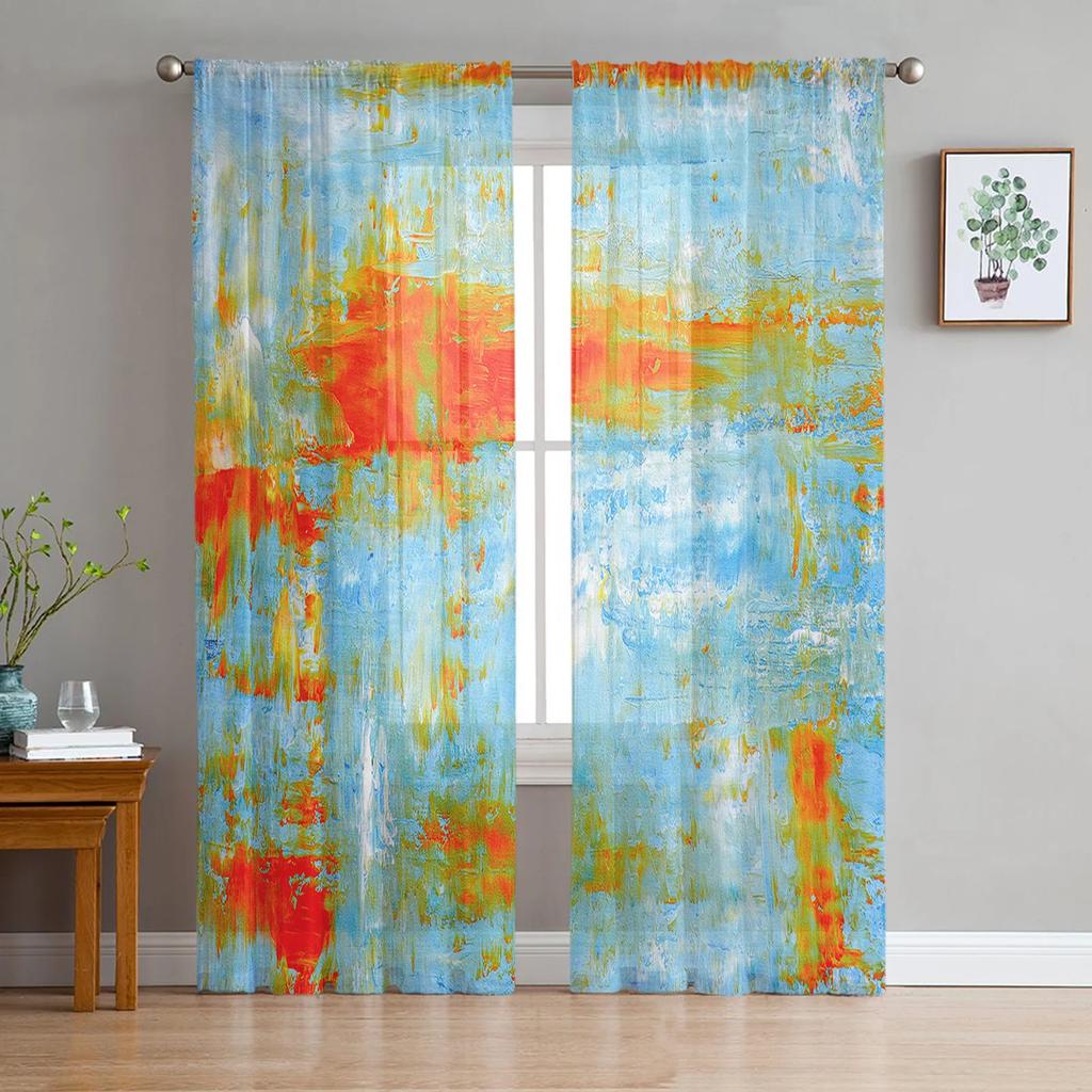 Luxus Tüll Vorhänge Kunst Farbe Moderne Retro Wohnzimmer Küche Chiffon Vorhang Jugend Schlafzimmer Sheer Boden Volant Vorhang