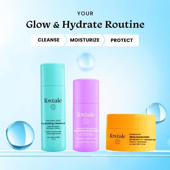 Foxtale Dewy Morning Travel Kit | Hydrating Face Wash, 24-Hr Moisturizer & SPF 50 Sunscreen | 100% Glow, 24-Hr Hydration, Zero White Cast