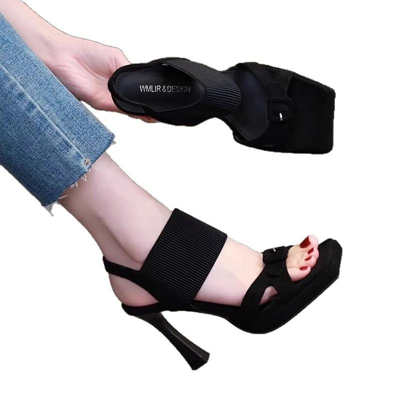 Summer new sandals square head platform open-toe buckle temperament versatile brown women's shoes stiletto high heels