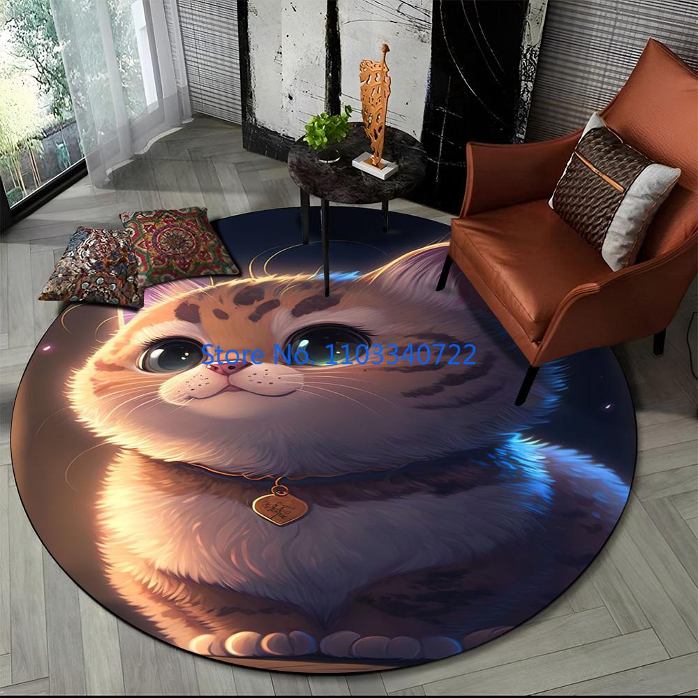 Cute Calico Cat Persian Cat Ragdoll Rug Round Carpet 120cm Crawling Game Non-slip Floor Mat for Kids Bedroom Living Room Decor