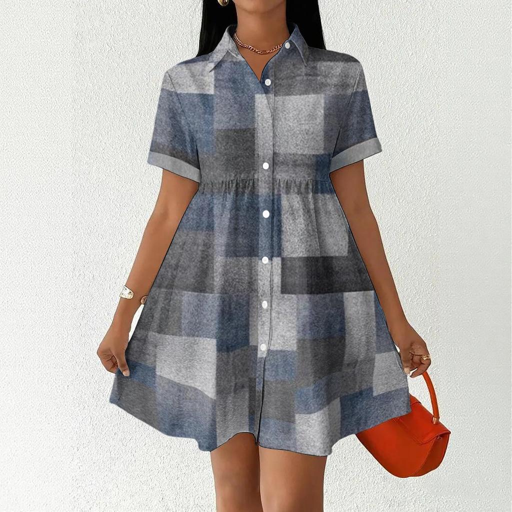 Women’s Casual Loose Fit Shirt Dress with Button Front Stand Collar Short Sleeve Patchwork Print Lightweight Design