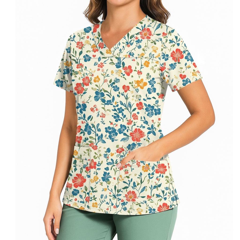 Kvinners avslappet trykket V-hals lomme sideslisse kortarmet topp kortarmet topp