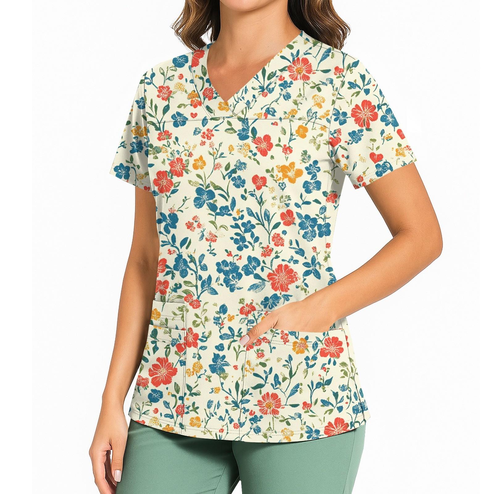 

Женский повседневный топ с принтом, V-образным вырезом, карманом, боковым разрезом и короткими рукавами L