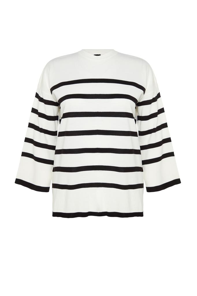 Women's Fashion New Plus Big Size Sweater Ecru Striped Crew Neck Knitwear Sweater