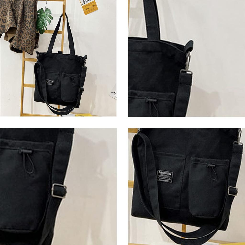 Enkrio Canvas Tote Bag, Shopping Bag, Shoulder Bag, Carry Bag, Handbag, Pocket, Foldable, A4 Size, Multi-Storage, Canvas, for Men and Women,