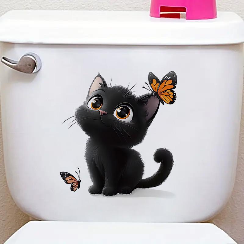 3D Cute Black Cat Butterfly Kawaii Toilet Wall Sticker Self-Adhesive Waterproof Removable Bathroom Home Decor Art 24x24cm чёрный