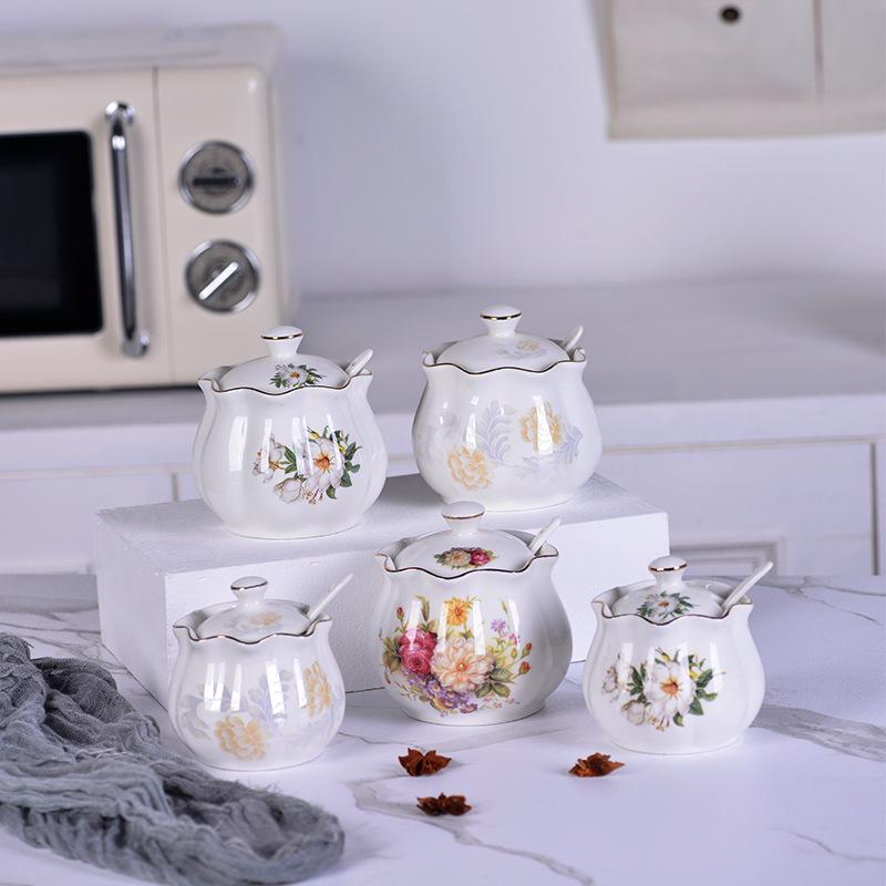 Lotus Ceramic Condiment Jar Set for Salt, Sugar, Soy Sauce, and Vinegar