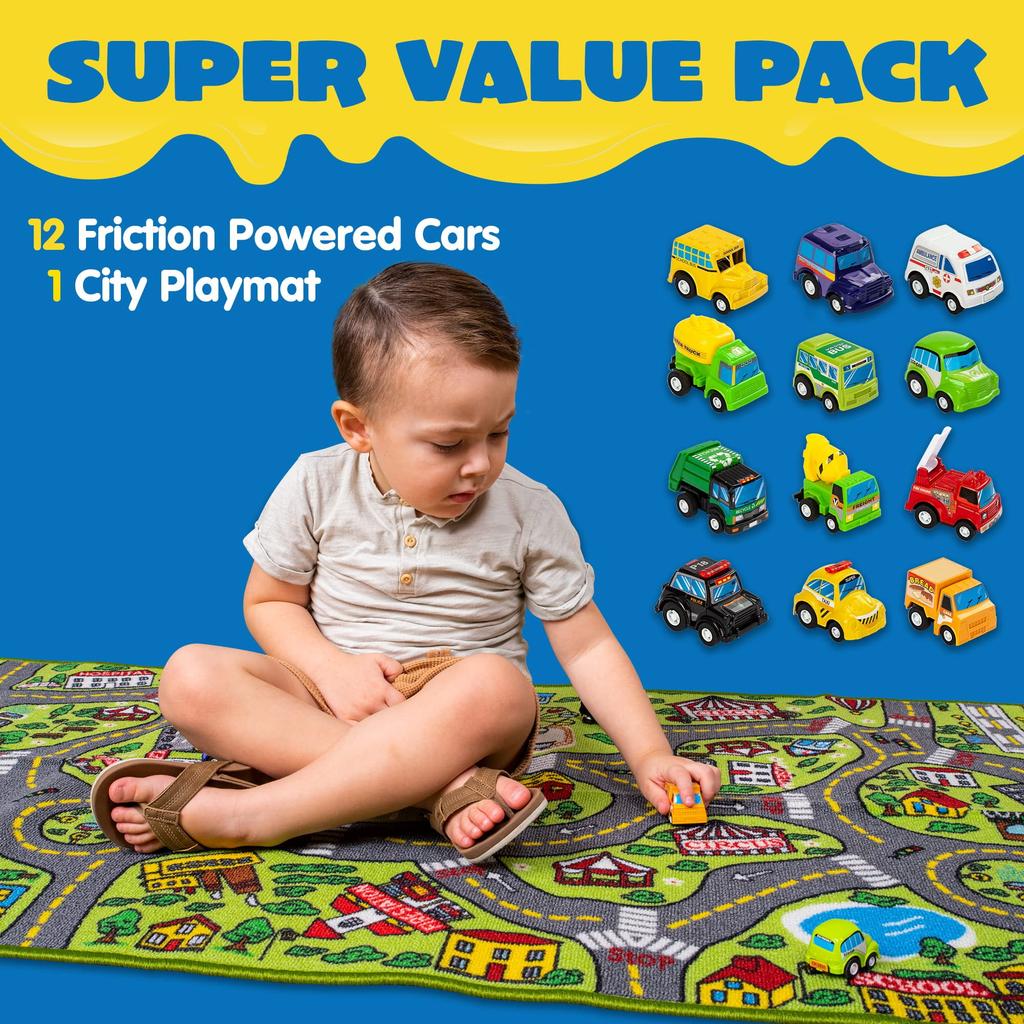 Joyfy Kids Play Rug With Durable 12 Pull-Back Vehicle City Car Track Playmat Rug for Kid Best Birthday Christmas Gift