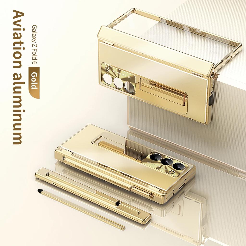 Metal Aluminum Alloy Case for Samsung Galaxy Z Fold 6 5 4 3 with Touch Pen Leather Full Protector Glass Film Stand Folding Cover