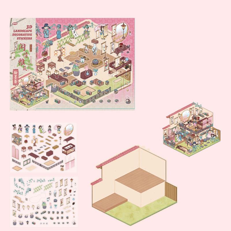 

3D Landscape Sticker Chinese Style Leisure Elegant Architecture Series Vintage Scrapbook DIY Handbook Decoration For Notebook