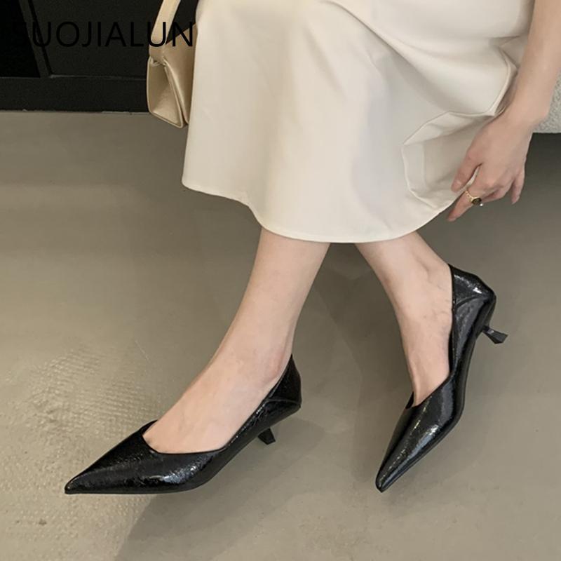 Fashion SUOJIALUN 2025 Spring New Pointed Toe Women Pumps Shoes Pointed Toe Shallow Slip On Boat Shoes Thin Low Heel Dress Pumps